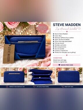 STEVE MADDEN MIDNIGHT Royal Blue Zip-Around Saffiano Wallet